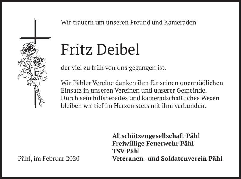  Traueranzeige für Fritz Deibel vom 08.02.2020 aus merkurtz