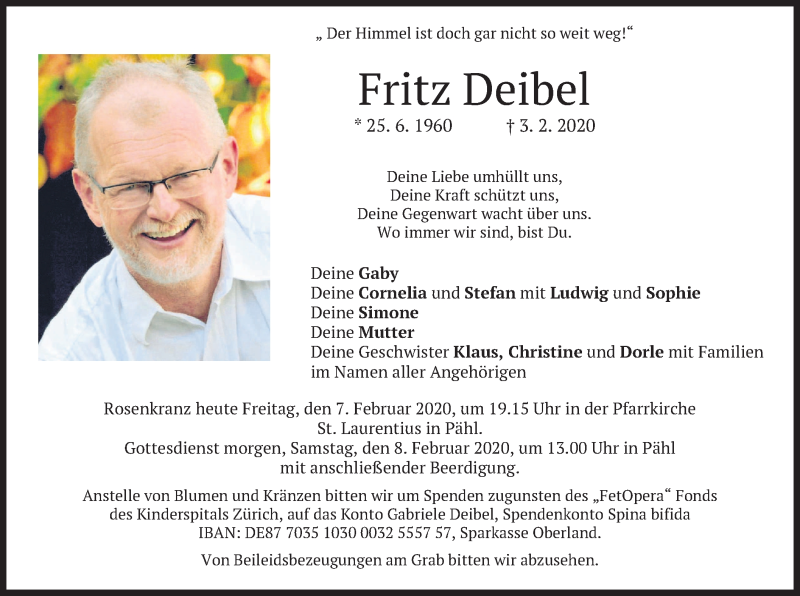  Traueranzeige für Fritz Deibel vom 07.02.2020 aus merkurtz