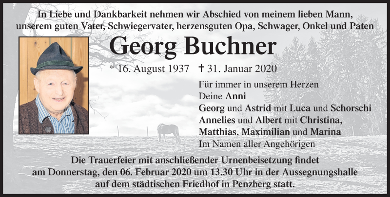  Traueranzeige für Georg Buchner vom 05.02.2020 aus Das Gelbe Blatt Penzberg