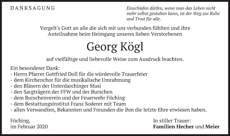  Traueranzeige für Georg Kögl vom 15.02.2020 aus merkurtz