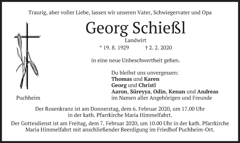 Traueranzeige für Georg Schießl vom 05.02.2020 aus merkurtz