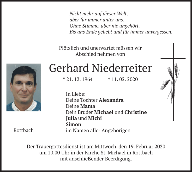  Traueranzeige für Gerhard Niederreiter vom 15.02.2020 aus merkurtz