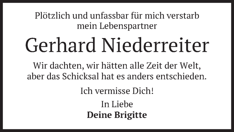  Traueranzeige für Gerhard Niederreiter vom 22.02.2020 aus merkurtz