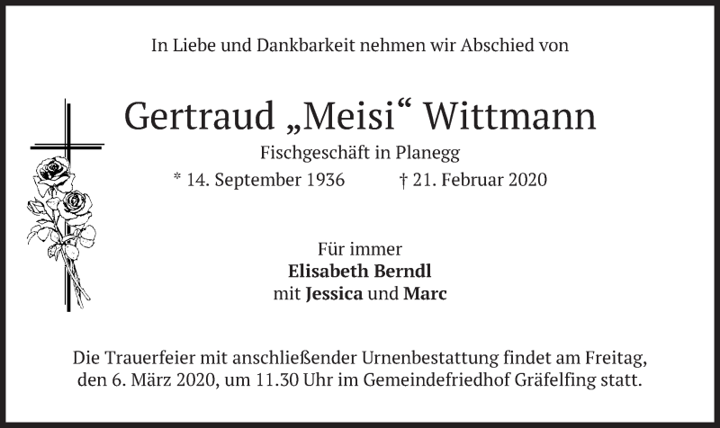  Traueranzeige für Gertraud Wittmann vom 29.02.2020 aus merkurtz