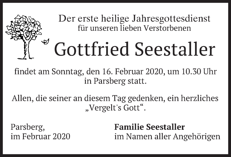  Traueranzeige für Gottfried Seestaller vom 15.02.2020 aus merkurtz
