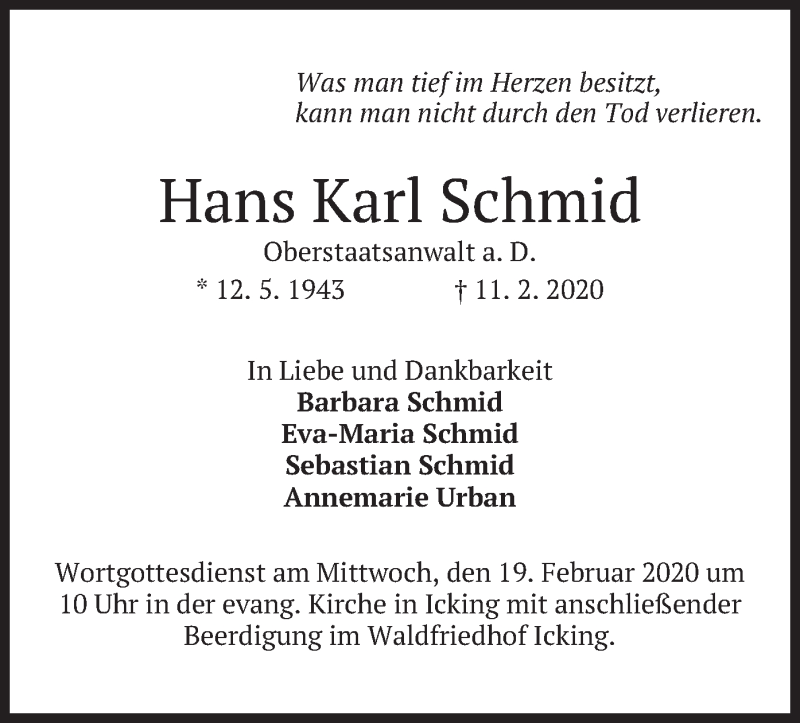  Traueranzeige für Hans Karl Schmid vom 15.02.2020 aus merkurtz