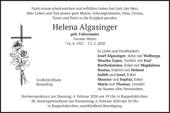 Traueranzeige von Helena Algasinger von merkurtz
