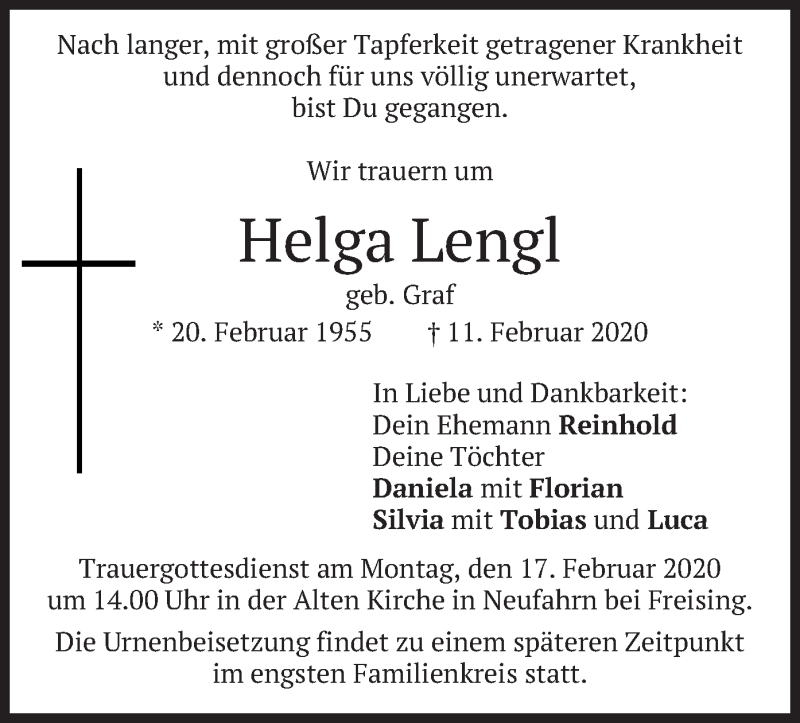  Traueranzeige für Helga Lengl vom 14.02.2020 aus merkurtz