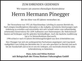 Traueranzeige von Hermann Pinegger von merkurtz