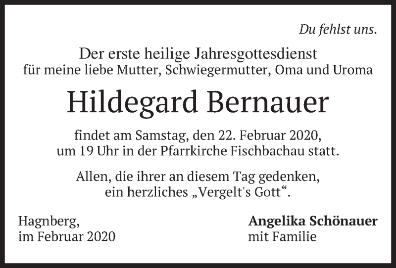  Traueranzeige für Hildegard Bernauer vom 19.02.2020 aus merkurtz