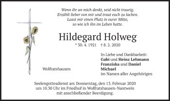 Traueranzeige von Hildegard Holweg von merkurtz