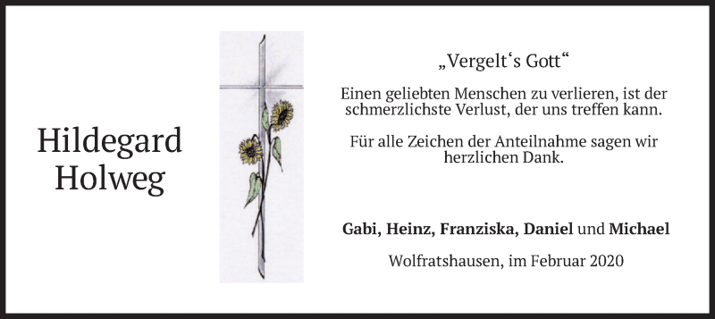  Traueranzeige für Hildegard Holweg vom 22.02.2020 aus merkurtz