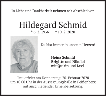 Traueranzeige von Hildegard Schmid von merkurtz