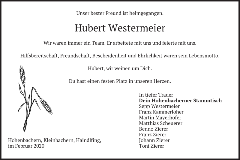  Traueranzeige für Hubert Westermeier vom 20.02.2020 aus merkurtz