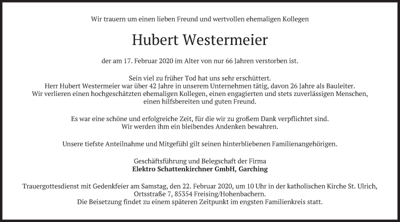  Traueranzeige für Hubert Westermeier vom 21.02.2020 aus merkurtz
