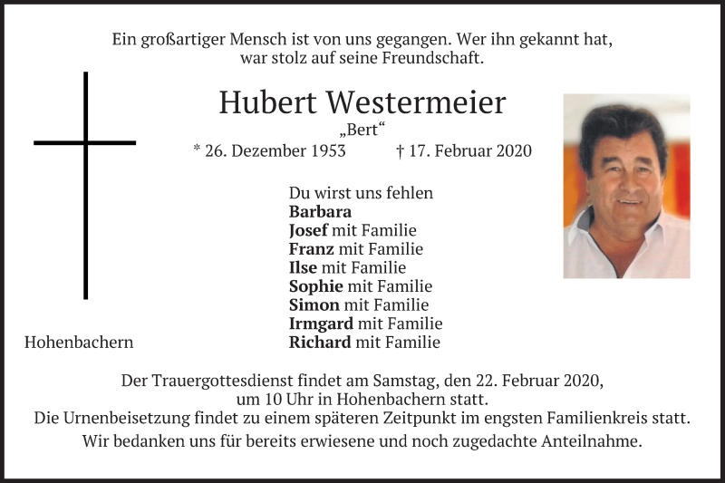  Traueranzeige für Hubert Westermeier vom 20.02.2020 aus merkurtz