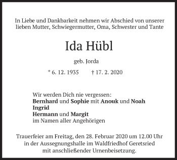 Traueranzeige von Ida Hübl von merkurtz