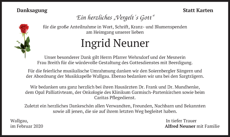  Traueranzeige für Ingrid Neuner vom 15.02.2020 aus merkurtz
