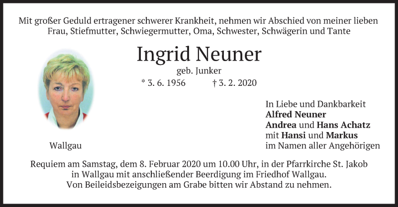  Traueranzeige für Ingrid Neuner vom 05.02.2020 aus merkurtz