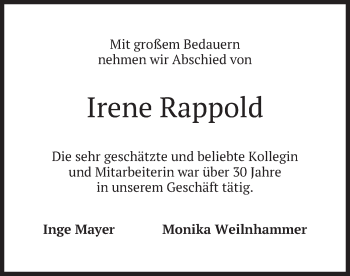 Traueranzeige von Irene Rappold von merkurtz
