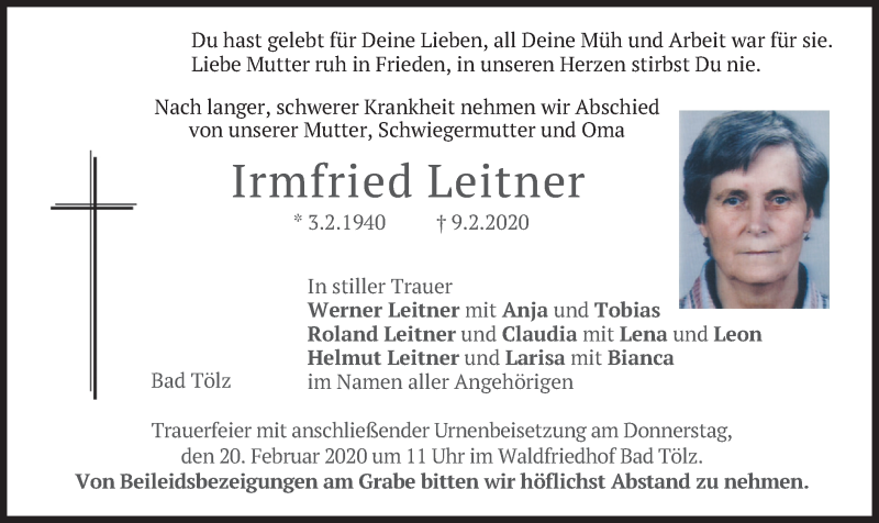  Traueranzeige für Irmfried Leitner vom 18.02.2020 aus merkurtz