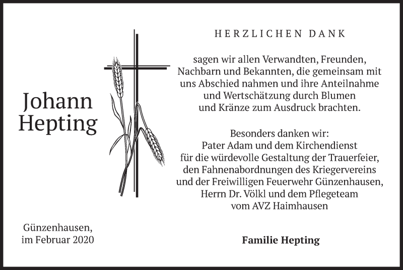  Traueranzeige für Johann  Hepting vom 15.02.2020 aus merkurtz