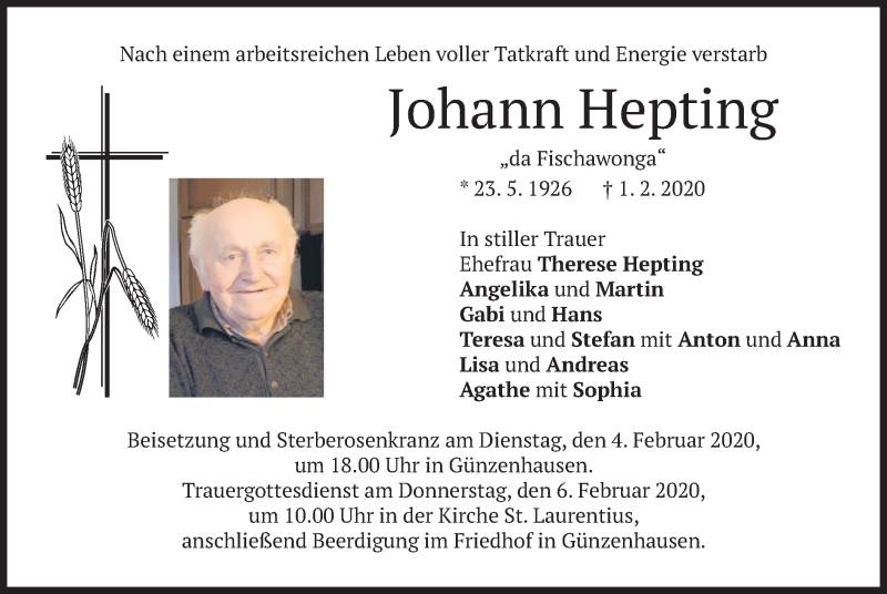  Traueranzeige für Johann  Hepting vom 04.02.2020 aus merkurtz