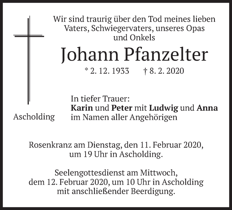  Traueranzeige für Johann Pfanzelter vom 10.02.2020 aus merkurtz