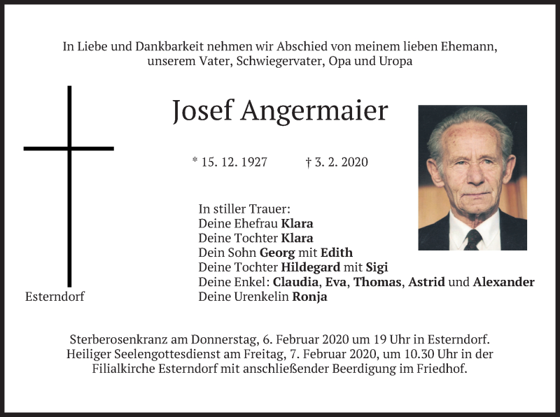 Traueranzeige für Josef Angermaier vom 05.02.2020 aus merkurtz