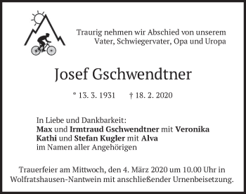 Traueranzeige von Josef Gschwendtner von merkurtz