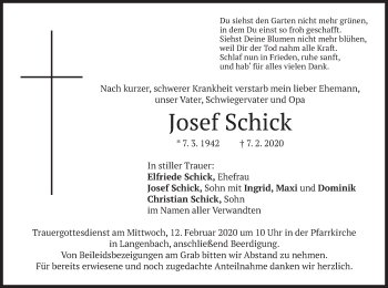 Traueranzeige von Josef Schick von merkurtz
