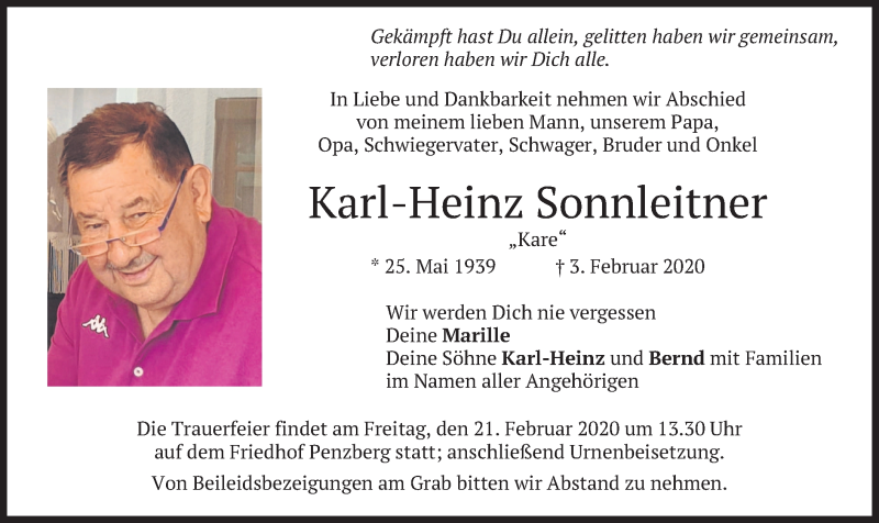  Traueranzeige für Karl-Heinz Sonnleitner vom 15.02.2020 aus merkurtz