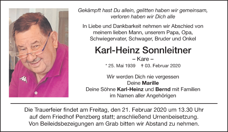  Traueranzeige für Karl-Heinz Sonnleitner vom 15.02.2020 aus Das Gelbe Blatt Penzberg