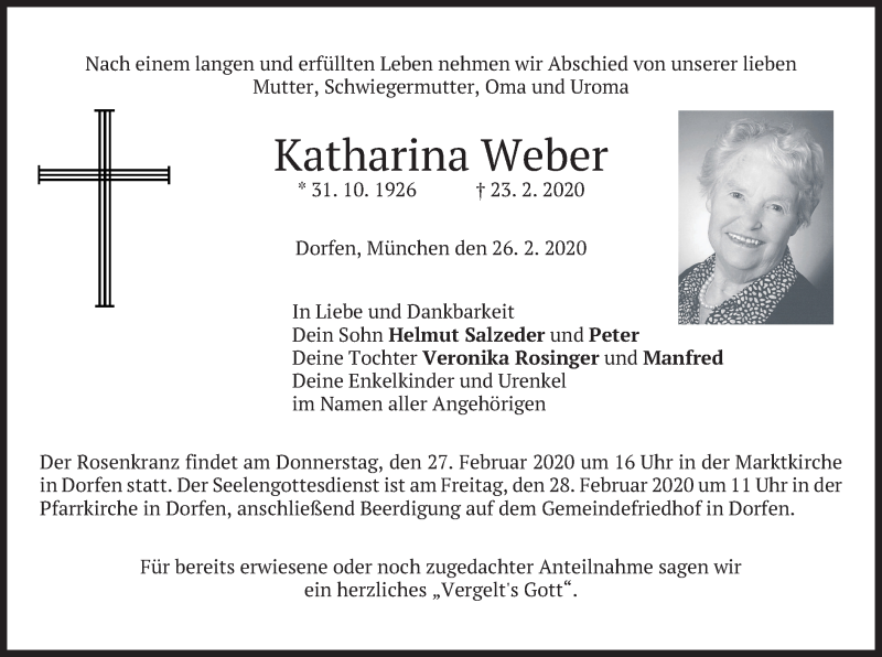  Traueranzeige für Katharina Weber vom 26.02.2020 aus merkurtz