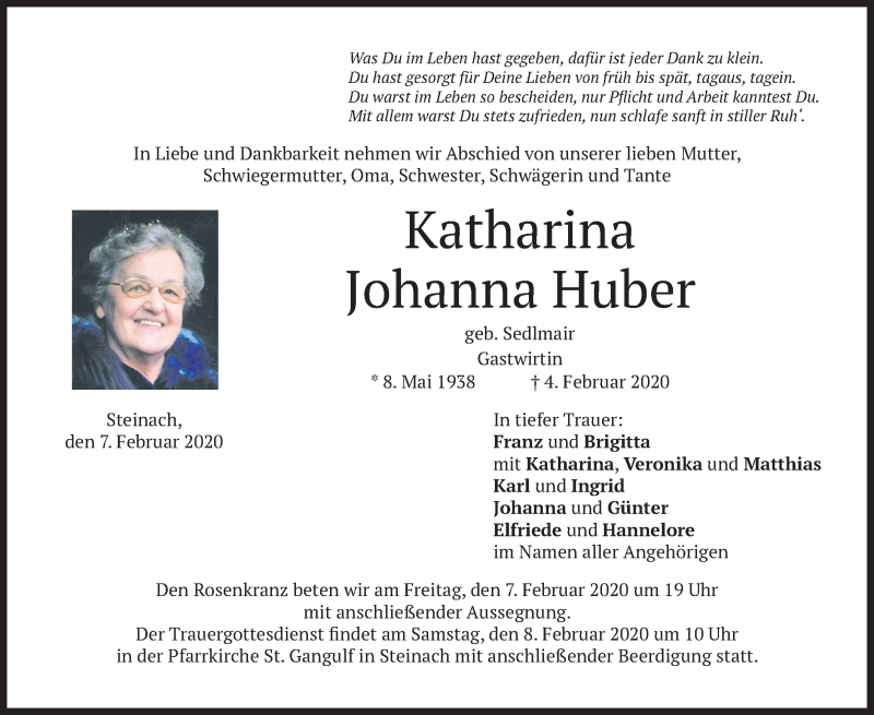 Traueranzeigen von Katharina Johanna Huber trauer.merkur.de