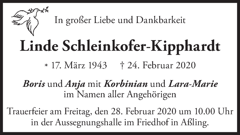  Traueranzeige für Linde Schleinkofer-Kipphardt vom 27.02.2020 aus merkurtz