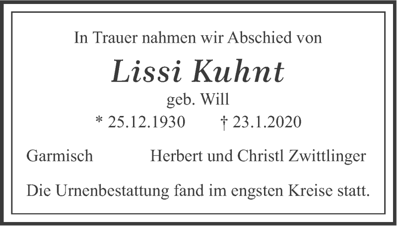  Traueranzeige für Lissi Kuhnt vom 22.02.2020 aus merkurtz