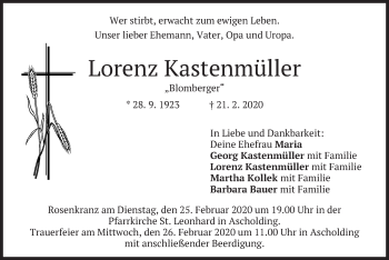 Traueranzeige von Lorenz Kastenmüller von merkurtz