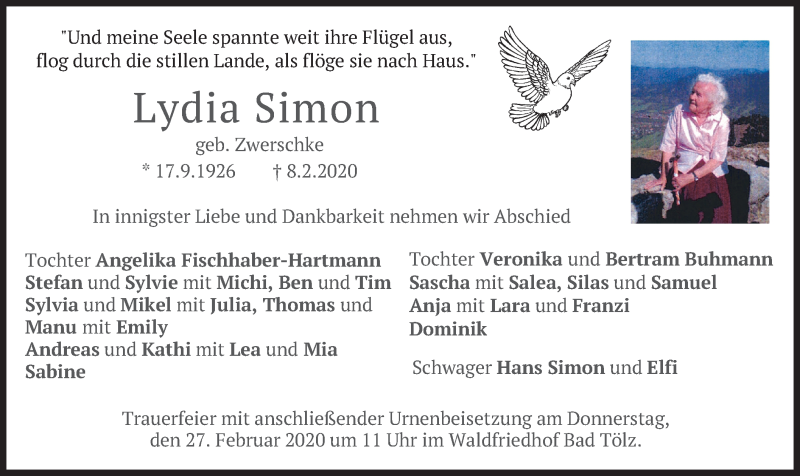  Traueranzeige für Lydia Simon vom 22.02.2020 aus merkurtz