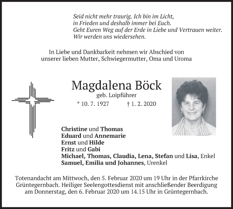  Traueranzeige für Magdalena Böck vom 04.02.2020 aus merkurtz