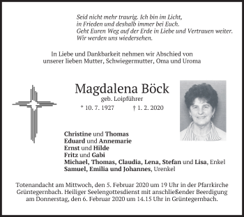 Traueranzeige von Magdalena Böck von merkurtz