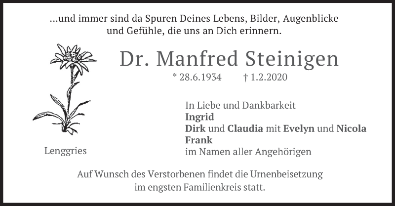 Traueranzeige für Manfred Steinigen vom 03.02.2020 aus merkurtz