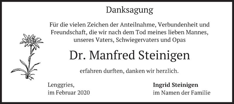  Traueranzeige für Manfred Steinigen vom 19.02.2020 aus merkurtz