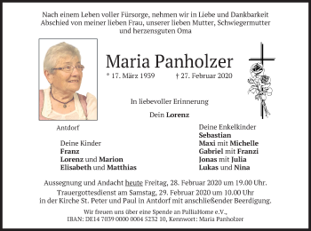 Traueranzeige von Maria Panholzer von merkurtz