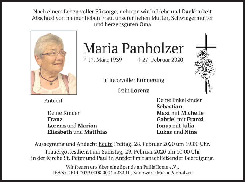  Traueranzeige für Maria Panholzer vom 28.02.2020 aus merkurtz