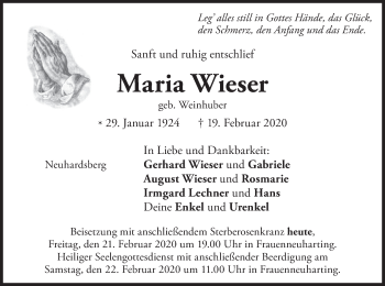 Traueranzeige von Maria Wieser von merkurtz