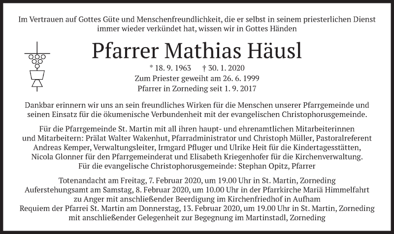  Traueranzeige für Mathias Häusl vom 06.02.2020 aus merkurtz