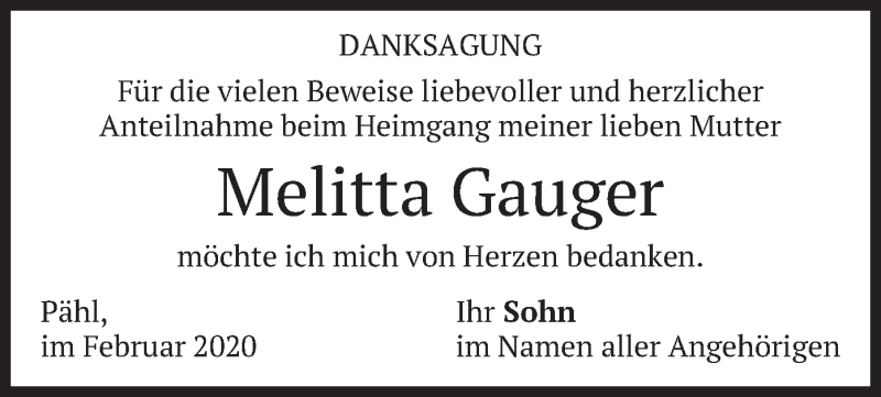  Traueranzeige für Melitta Gauger vom 29.02.2020 aus merkurtz