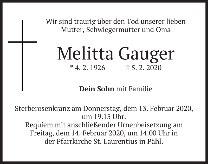  Traueranzeige für Melitta Gauger vom 11.02.2020 aus merkurtz