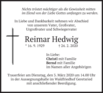 Traueranzeige von Reimar Hedwig von merkurtz